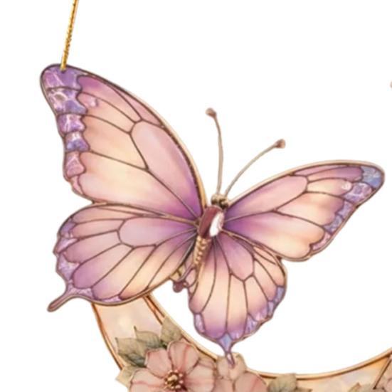 Moon Butterfly Flowers Acrylic Suncatcher Stained Glass Style Pink Window Hanging Decoration for Indoor Outdoor Garden Home Decor
