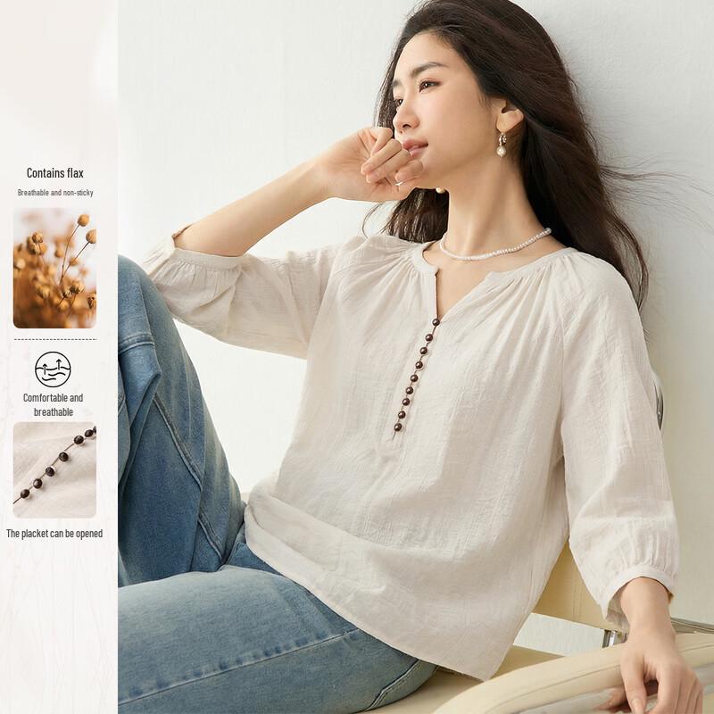 

HSTYLE Women s Linen Blend Relaxed 3/4 Sleeve Blouse L