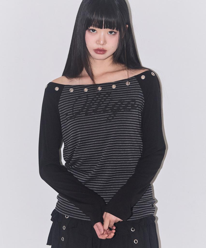 ILLIGO Raglan Off-Shoulder Long Sleeve Striped Charcoal
