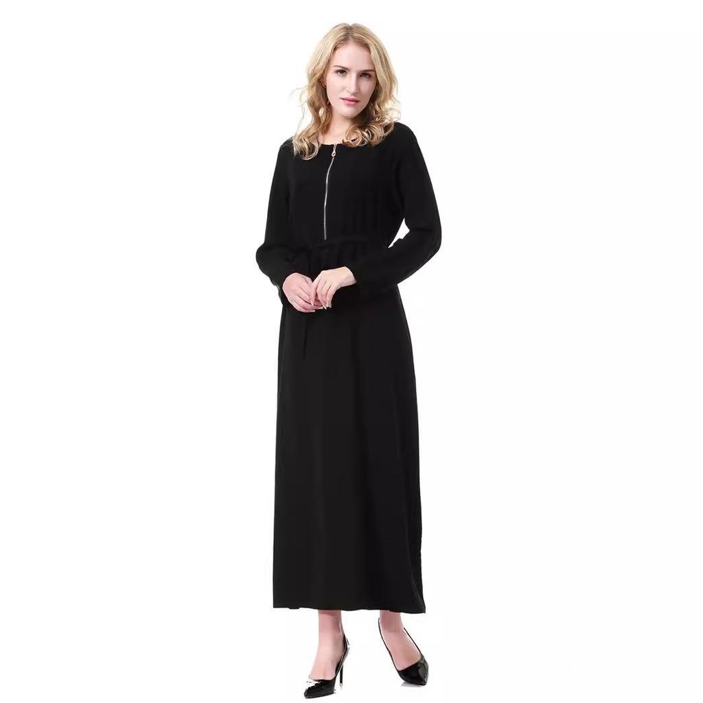 Women's Round Neck Solid Chiffon Zipper Long Dress, TH913