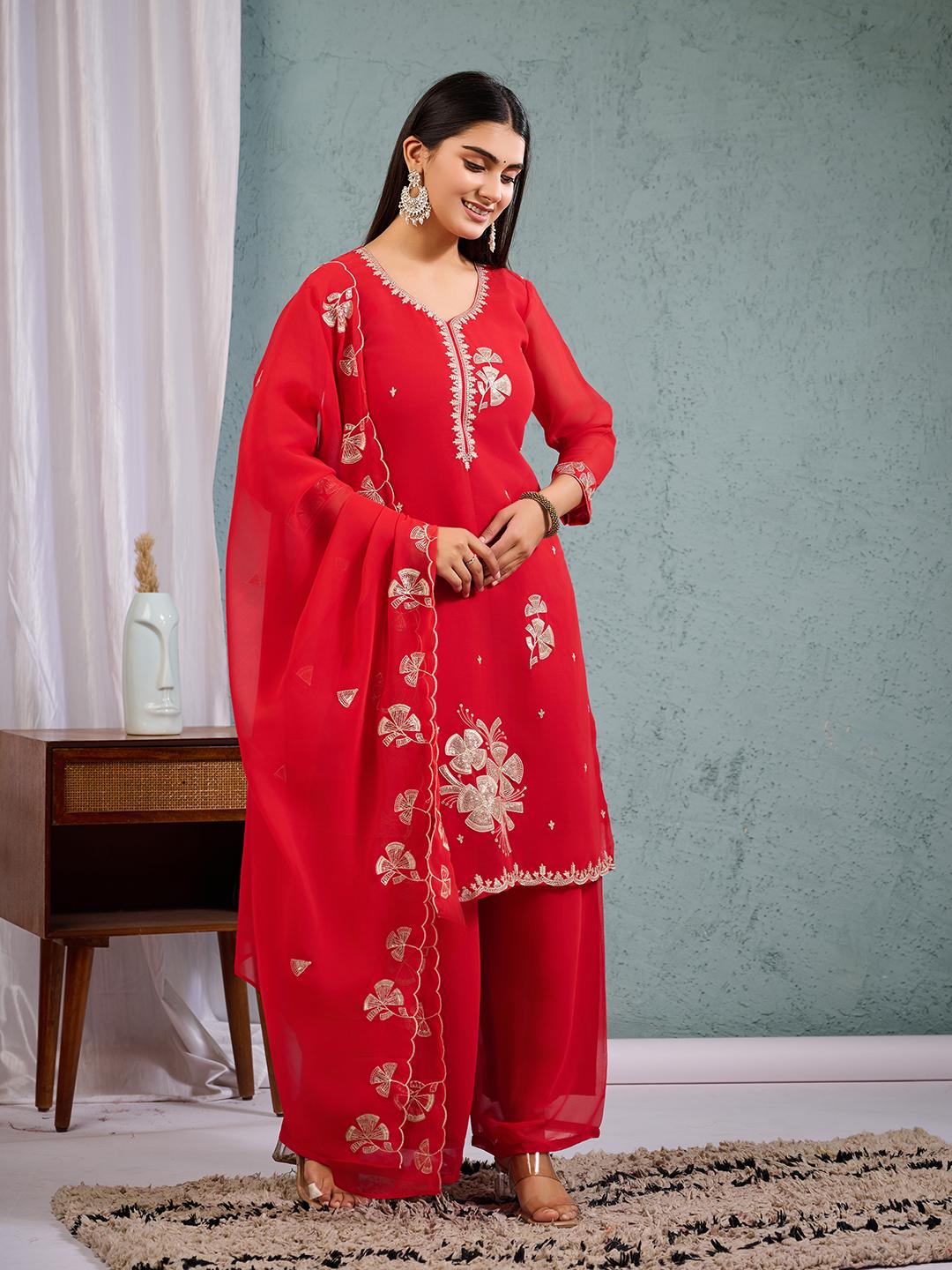 Red Kurta Palazzo Set Embroidered Ethnic Suit with Dupatta Party Wear Indian Dress S
