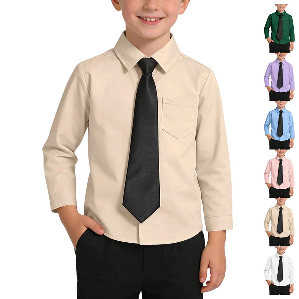 Boys Button Down With Tie And Chest Pocket School Uniform Long Sleeve Shirts