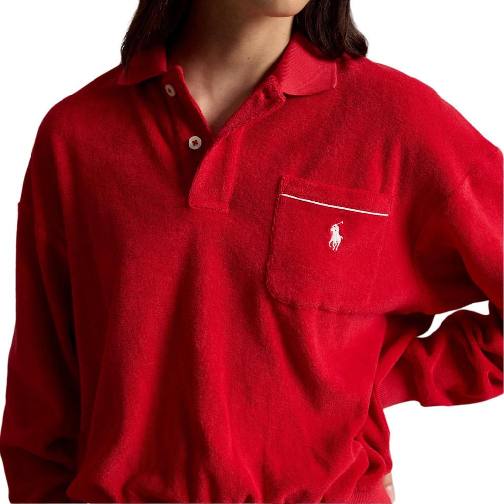 Polo Ralph Lauren Cotton Blend Terry Long Sleeve Embroidered Pony Polo Shirt Loose Fit Women tops 211A12737-003