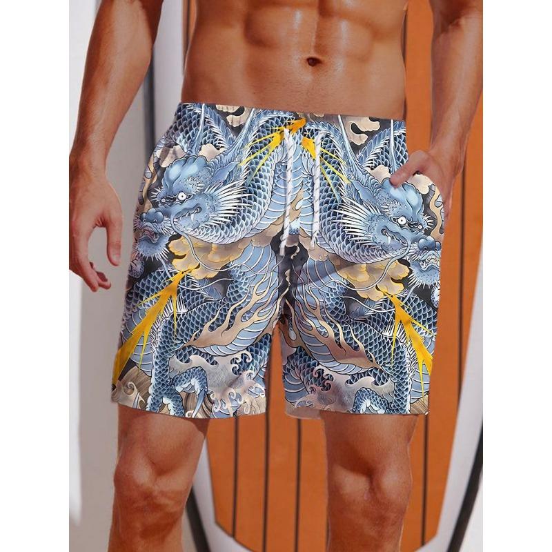 Sommer 3D-Druck Ukiyo-E Fierce Dragon Druckshorts Herren Boardshorts Badehose Kordelzug Atmungsaktiv Kurz