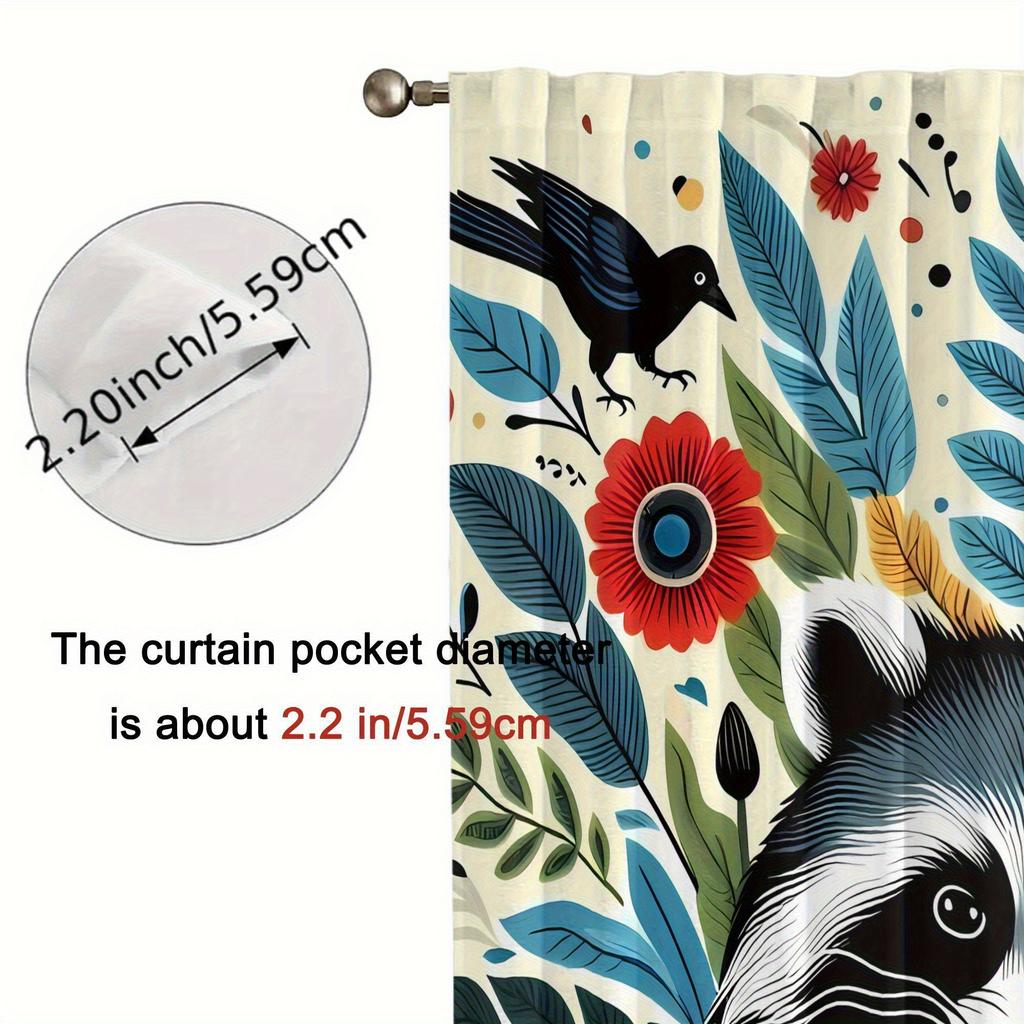 curtainBIIHUDU Raccoon& Floral Print Curtains- Vibrant Blue   Black& White Design with Colorful Flowers   Rod Pocket for Easy Hang