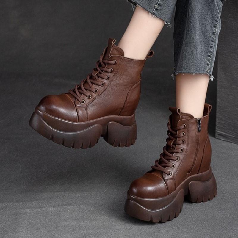 Johnature Pravá kůže Silná podrážka Dámské Kozačky Retro Kulatá špička Boční Zip Klínky Boty na platformě