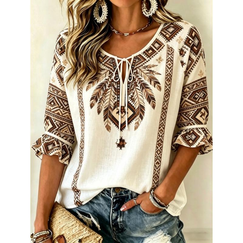 Women's Boho Geometric Tribal Print Tie Front Blouse, Casual Loose Top for Spring Summer Daily Wear