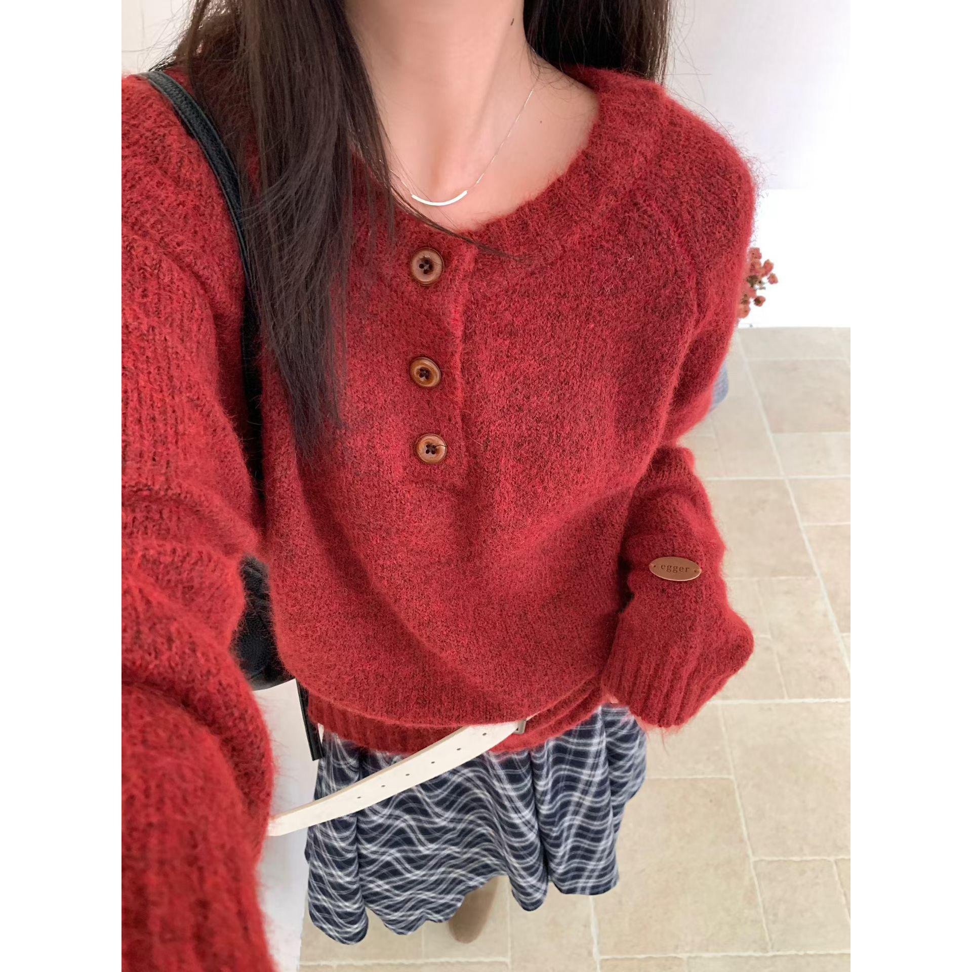 

Goose yellow button half open neck knitted sweater women s autumn and winter thickened warm inner bottoming shirt loose versatile top L червоний