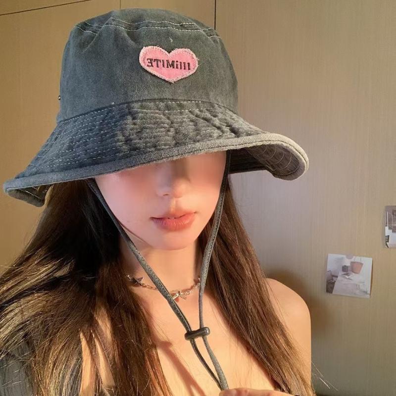 Retro Washed Love Cowboy Bucket Hats Women Spring Summer Outdoor Frenulum Sun Protection Sweet Pink Sun Hat Fisherman Caps