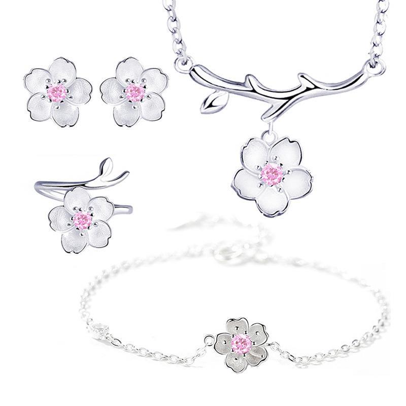 Silver Cherry Blossom Flower Cubic Zirconia Stone Jewelry Sets for Women Floral Necklace Bracelet Earring Ring Wedding Set