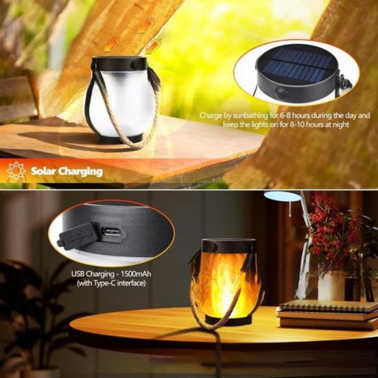 Dancing Flame Lantern Solar Garden Light Waterproof Flickering Flame Lantern USB And Solar Charging Outdoor Light for Porch Yard Patio Decor