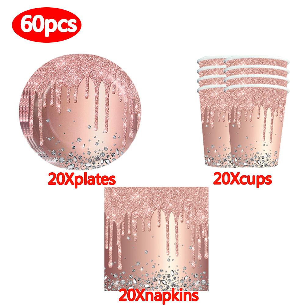 Roségold Themenparty Dekoration Geschirrset Diamant Glitzer Teller Tasse Luftballons Für Hochzeit Mädchen Kinder Geburtstagsparty Zubehör