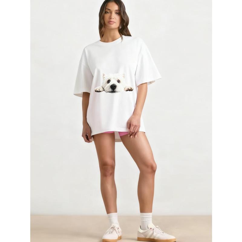 Oversized T Shirt Black Westie Dog Print Casual Wear for Women Everyday Outfit Streetwear Fashion Statement Top