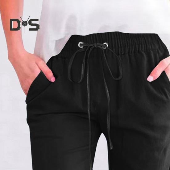 Damen Cropped-Hose, elastischer Kordelzug in der Taille, lässiges Design mit lockerem Bein, Freizeithose, einfarbig, lockere Passform, Hose mit mittlerer Wade
