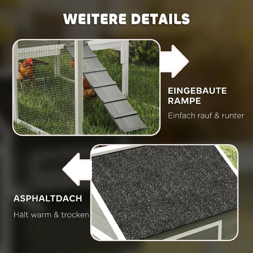 Pollaio in Legno con Recinto Nido Tegole in Asfalto Vassoio Estraibile per 4-6 Galline 347x160x150 cm Grigio Scuro