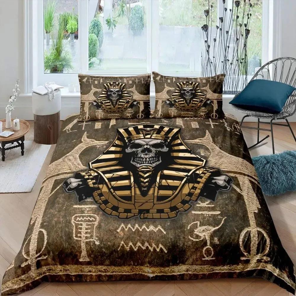 3D Ancient Egypt Tribe Duvet Cover Set,Pharaoh Bedding Sets,Egyptian Pyramids Exotic Style Comforter Cover Set Full Queen Size