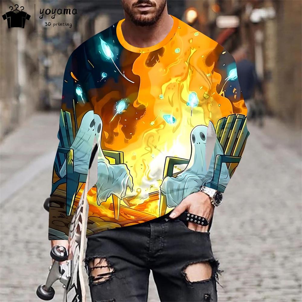 Halloween-Druck Herrenbekleidung Herren Langarm-T-Shirt Mode T-Shirt Herren Einfache T-Shirts für Herren Halloween Grafik T-Shirts