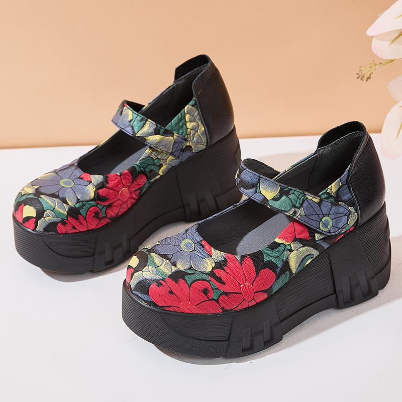 Fashion GKTINOO Handmade Retro Style Women Platform Shoes Spring Summer Genuine Leather Wedges Heel Pumps Casual Shoes