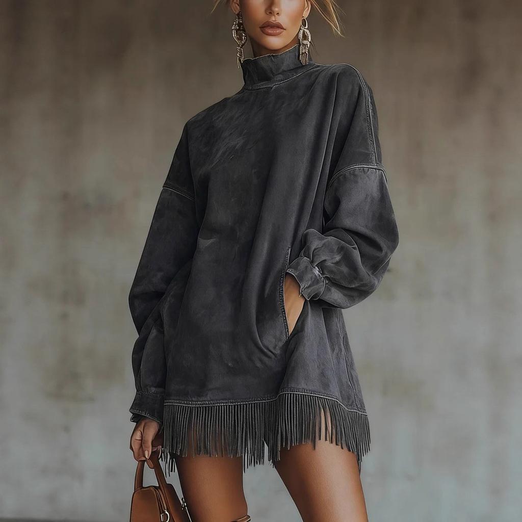 New High Collar Suede Retro Loose Pocket Tassel Long Sleeve Dress