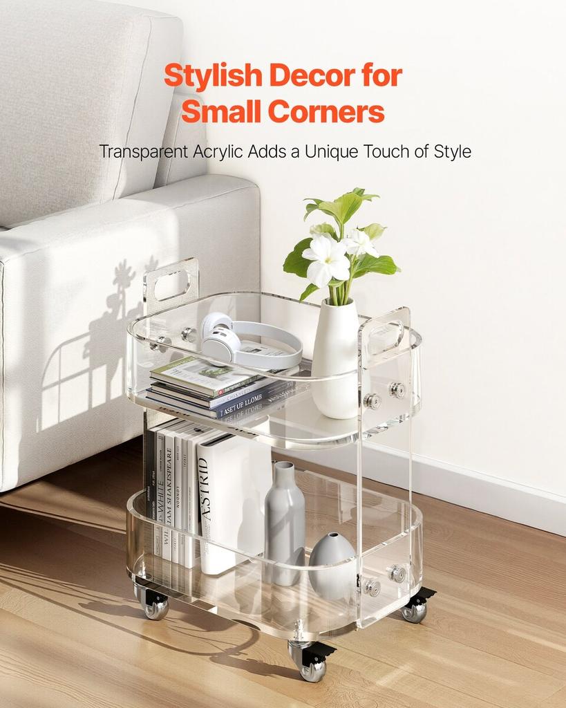 Acrylic Table with Wheels, 2 Tiers Mobile Cart Table, Modern Rolling Acrylic Storage Desk, Clear Nightstand Side End Desk, for Living Room, Bedroom,