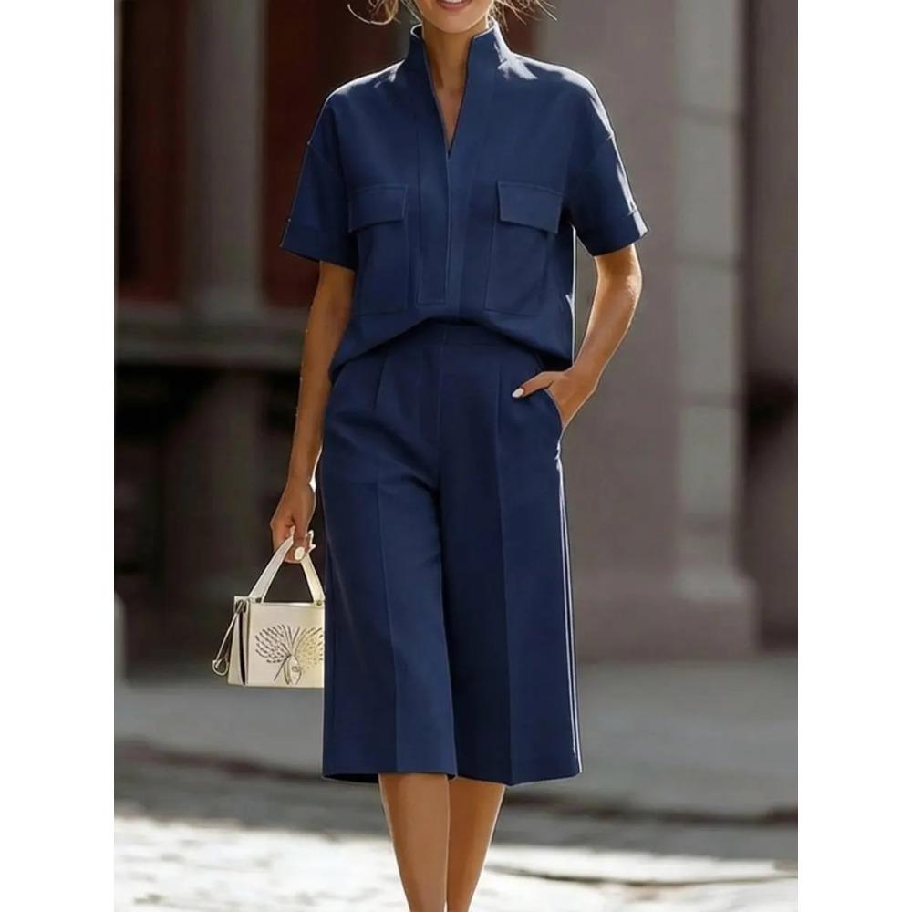 Women's Loose Fit Two-piece Outfit Set Short Sleeve Stand Collar Shirt High Waist Culotte Coordinates