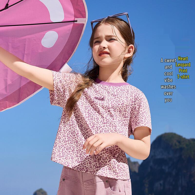 ASK JUNIOR Girls  Pink Leopard Heart Print Short Sleeve T-Shirt 160