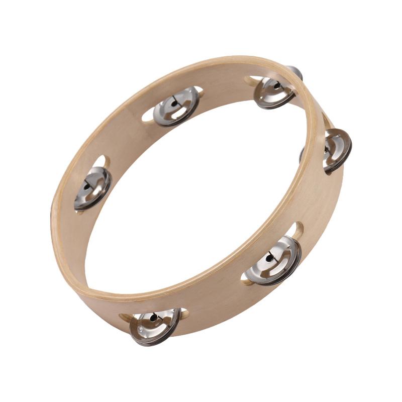 6 Inch Tambourine for Adults Pleasant Jingle Sound Hand Cranked Bell Rings Wooden Natural Color