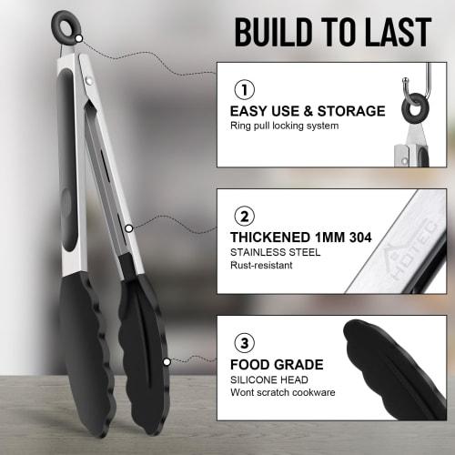 Hotec Tongs, Stainless Steel Kitchen Tongs, Silicone Tongs for BBQs and Grills, Heat-Resistant, Antibacterial, Lockable Storage, Set of 2 (Black), 23c