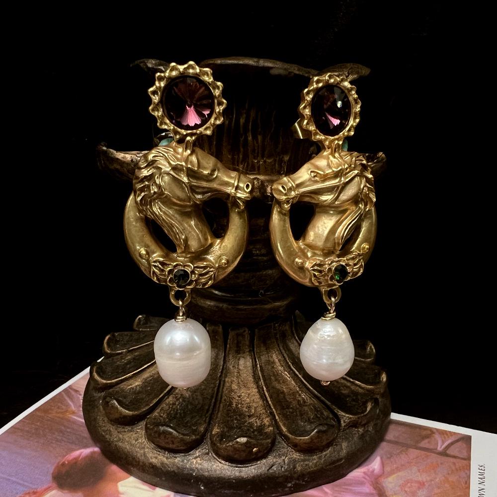 

Западные антикварные серьги-капли с жемчугом в виде лошадиной головы: Винтажное Ретро Русское Золото S925