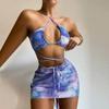 Women's Summer Fashion Sexy Marble-print Backless Lace-up  Waist Pleated Knotted Bikini Three-pieces Swimsuit