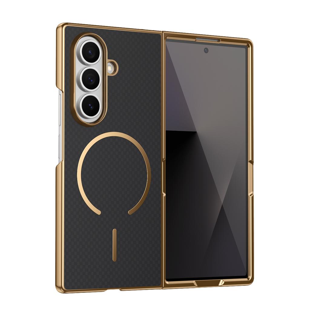 Plating Kavlar Magnetic Phone Case for Galaxy Z Fold 7/6 with Wireless Charging Compatible with Samsung -Includes Tempered Glass
