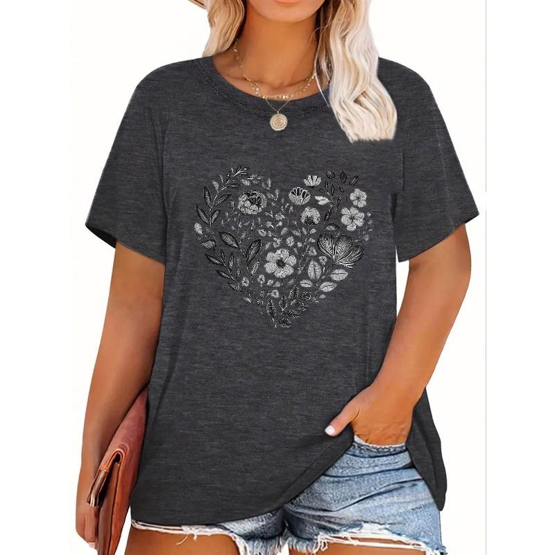 

Women s Plus Size Crew Neck Short Sleeve T-Shirt Floral Heart Botanical Print Casual Vacation Gift Top White Black 4XL чорний