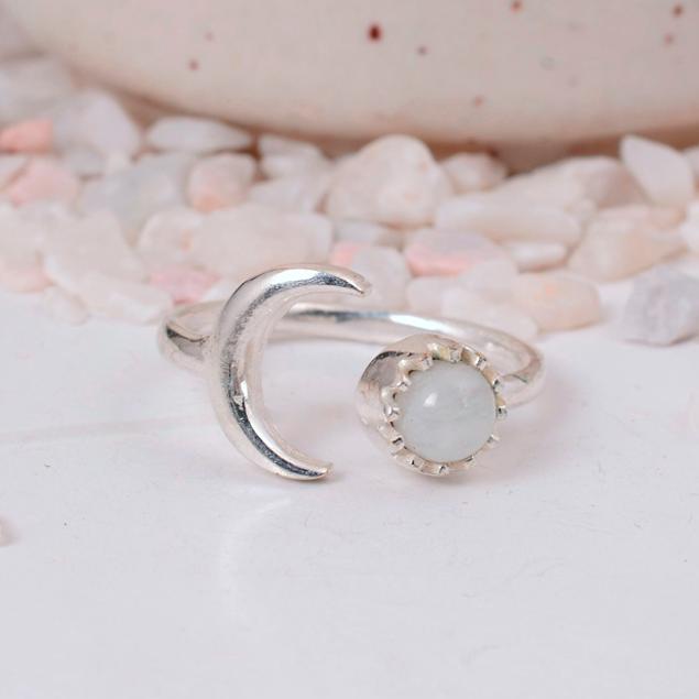 Adjustable Crescent Moonstone Ring | Silver Plated Celestial Brass Jewelry | Witchy Boho Gift for Her