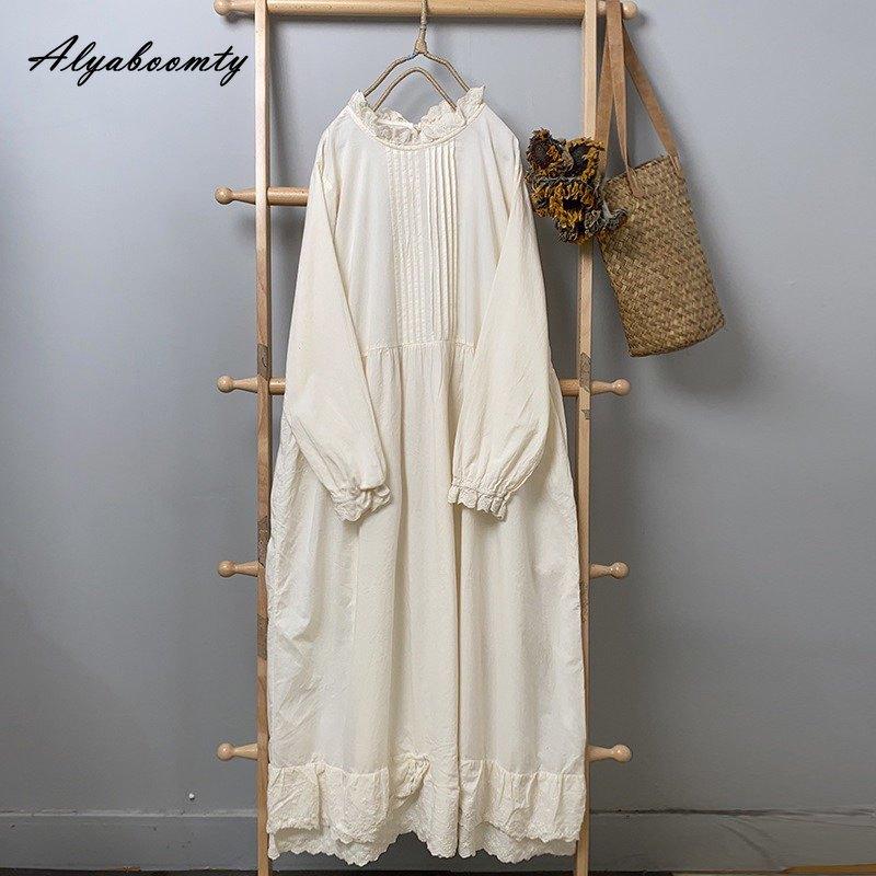 Japanese Mori Girl Spring Autumn Women Baggy Dress Ruffled Collar Cotton Oversized Dress Long Sleeve Brief Basic Ladies' Embroidery Dress