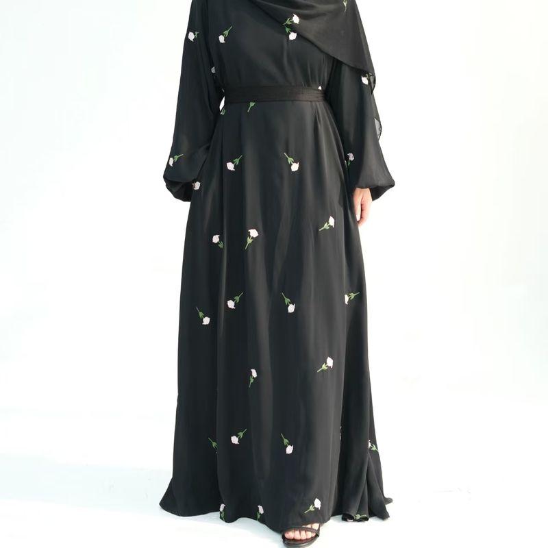 

New Middle East Turkey Flower Embroidery Elegant Dress round Neck Embroidered Dress Black 2XL
