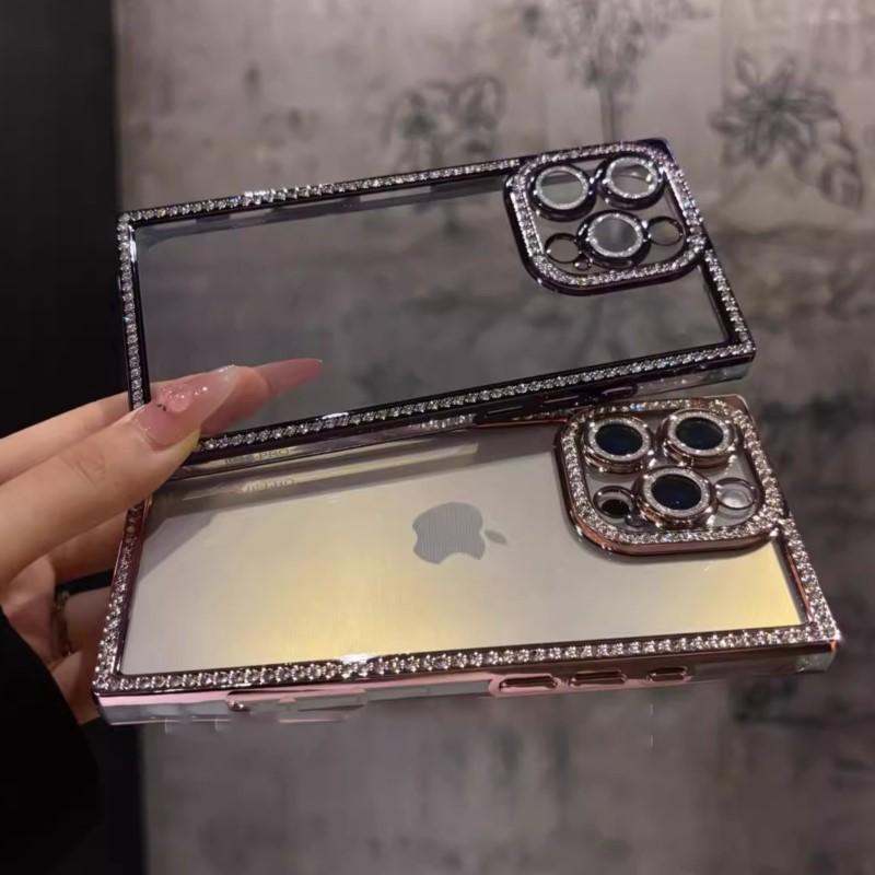 Luxury Plating Diamond Rhinestone Case for iPhone 16 15 14 Plus 13 Pro Max Bling Glitter Square Soft Clear Silicone Bumper Cover