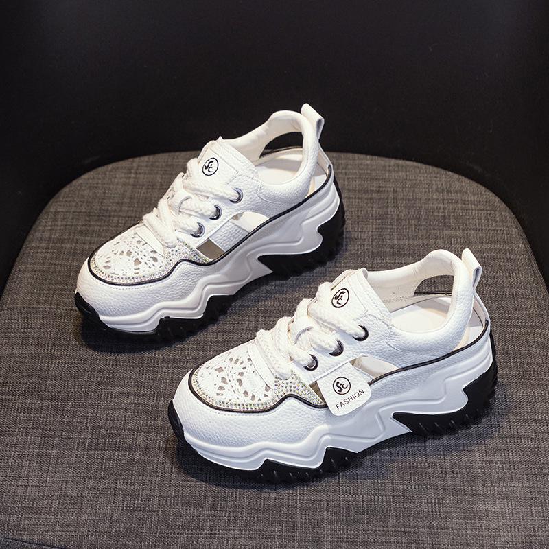 Women's Retro Thick Sole Rhinestone Leather Sandals - Summer 2025 Collection