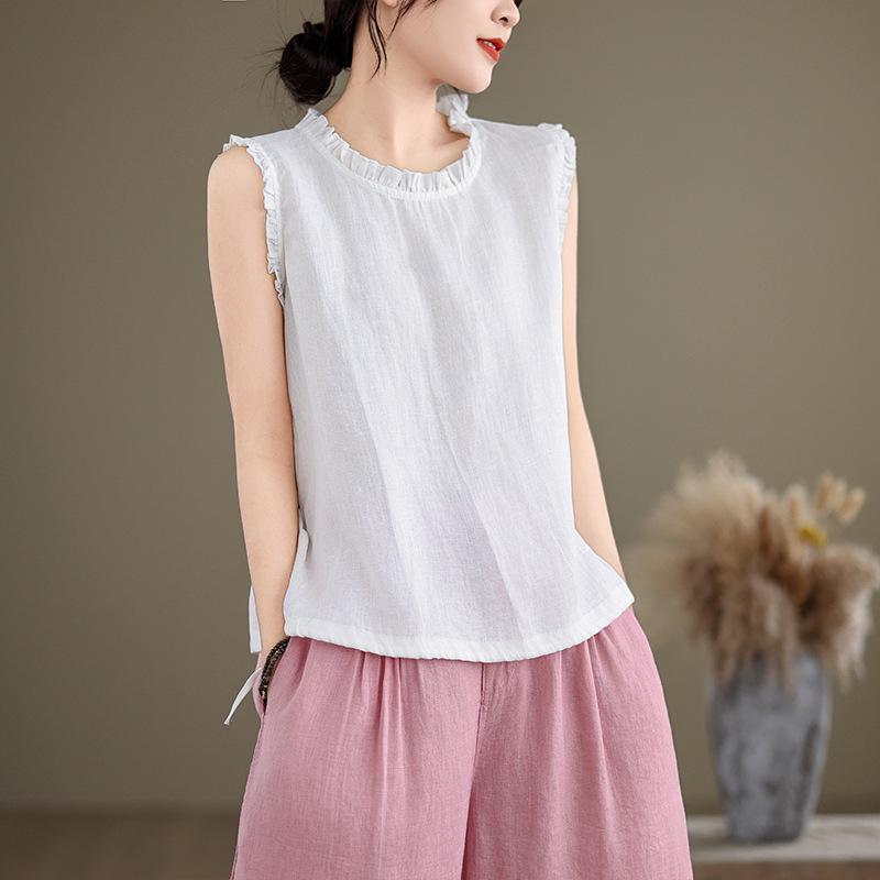 

2025 Summer Women s Retro Cotton Linen Ruffle Vest - Solid Color, Loose Fit, Slimming Drawstring Base Layer Top L