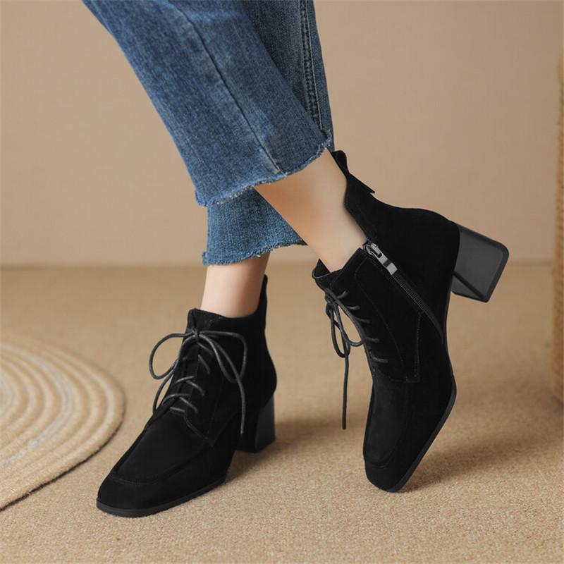 Fashion New Autumn Winter Sheep Suede Women Shoes Square Toe Retro Lace Up Short Boots for Women Chunky Heel High Heel Women Boots