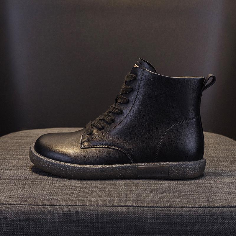 Large size high-top single shoes women's soft leather flats fashion lace-up casual short boots 2025 autumn and winter leather white shoes