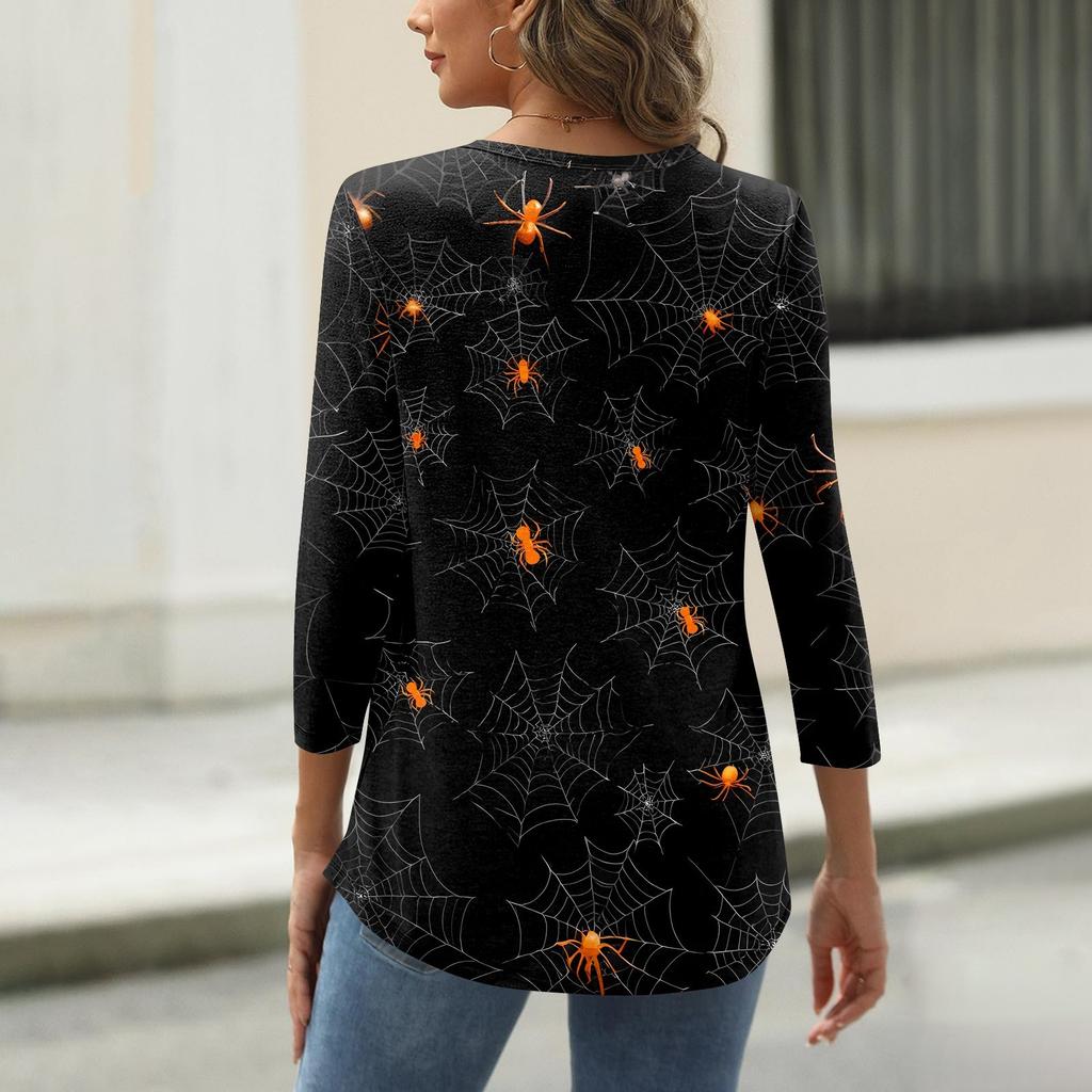 Women's T Shirt Halloween Print 3/4 Sleeve Daily Fashion Basic Round Neck Regular Top