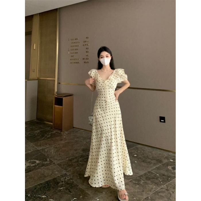 

French lace-up bubble sleeve polka dot dress women s summer new ruffle edge waist thin chic temperament long dress S