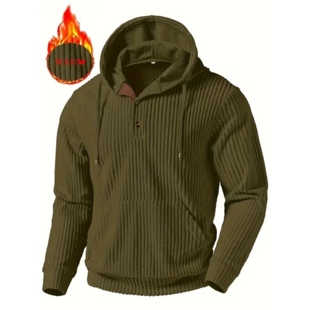 Men's Hoodie with Thick Corduroy Long Sleeves and Solid Color Kangaroo Pockets, Hanging Shoulder Hooded Sweatshirt