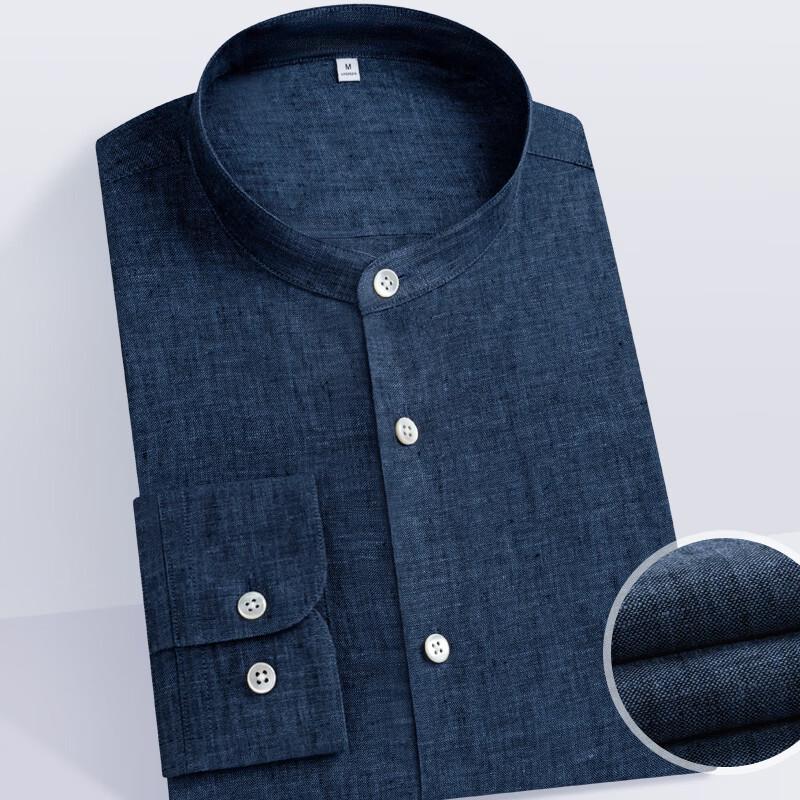 Men s 100% Linen Stand Collar Long Sleeve Chinese Style Shirt XXL
