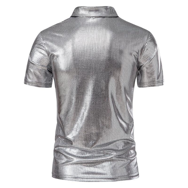 Summer Men's Short Sleeve Polo Shirt Shiny Metallic Streetwear Lapel T-shirts Men Gold Stage Costume Disco Party NightClub Tops