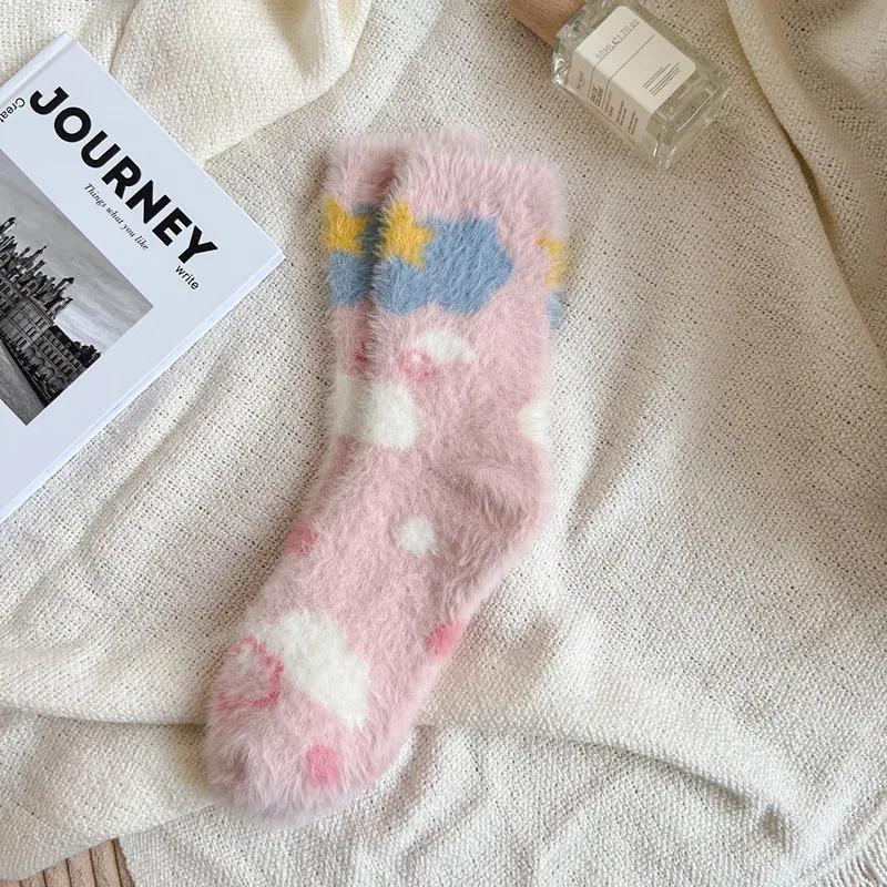 Women Cute Plush Socks Warm Winter Fluffy Mink Fleece Middle Tube Sock Butterfly Cloud Kawaii Cartoon Fuzzy Floor Sleeping Socks