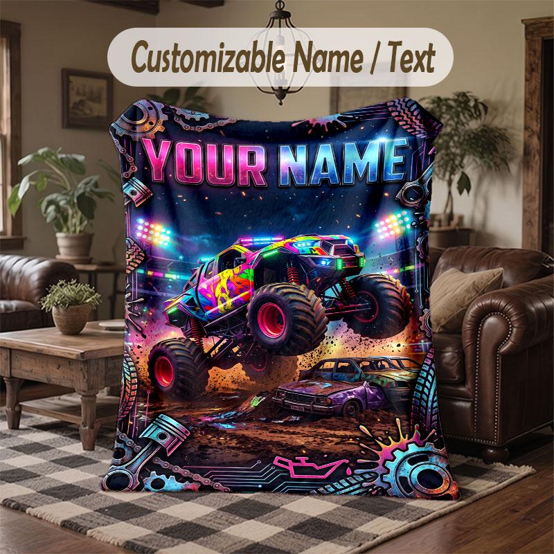 Truck Theme Throw Blanket Custom Name Text Personalized Blanket Soft Cozy Blanket for Home Sofa Bed