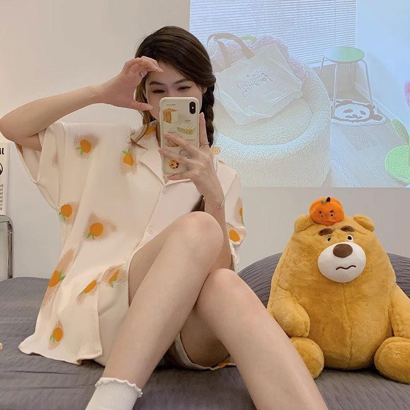 GMXIA High-quality Cotton-like Cute Cardigan Short-sleeved Student Pajamas for Women, Sweet Summer Style for Women's Home Wear