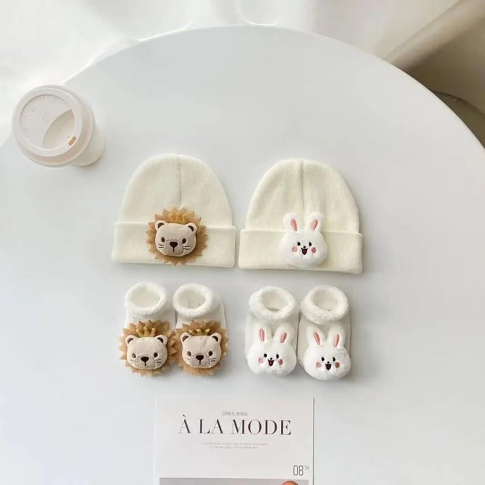 2PCS/Set Cartoon Baby Hat Socks Winter Knitted Newborn Short Socks New Pullover Hats Boy Girl