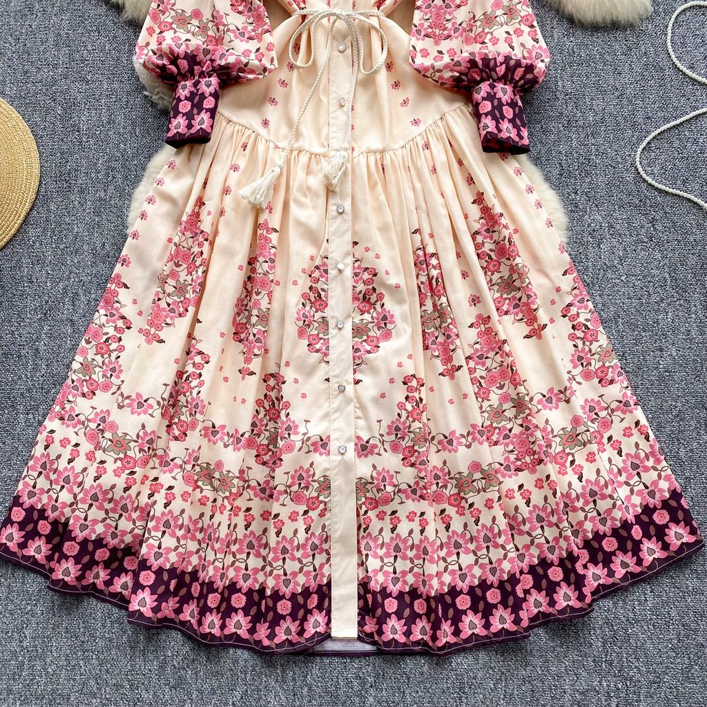 Spring Autumn Women Lantern Sleeve Print Single Breasted Loose Holiday Beach Party Long Maxi Dresses with Belt